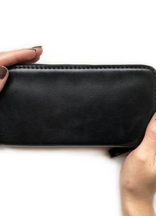 Женский/мужской кожаный кошелек zip wallet (черный)1 фото