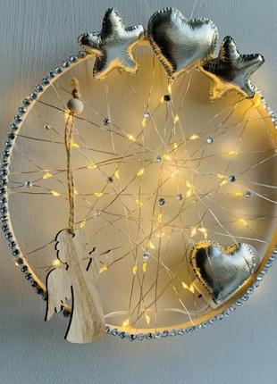 Лампа з дерев'яним янголм , настіний нічник , світильник ,ліхтарик на батарейках