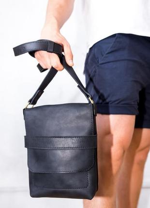 Чоловіча шкіряна сумка casual bag через плече, чорного кольору3 фото
