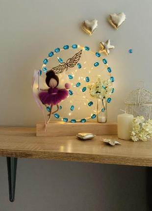 Лампа з бузковим ангелом та жовтими квітами , освітлення кімнати , декор у подарунок пподрузі5 фото