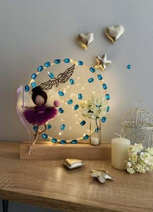 Лампа з бузковим ангелом та жовтими квітами , освітлення кімнати , декор у подарунок пподрузі6 фото
