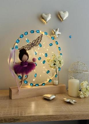 Лампа з бузковим ангелом та жовтими квітами , освітлення кімнати , декор у подарунок пподрузі9 фото