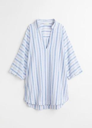 Длинная удлиненная рубашка из льна льняная смеси льна в полоску полоска голубая синяя2 фото