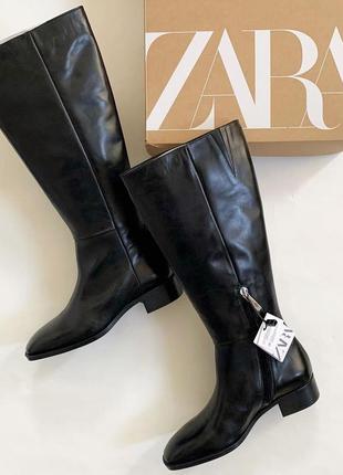 Классические кожаные сапоги zara, черного цвета5 фото