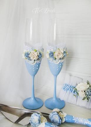 Весільні келихи блакитні / бокали голубі / весілля в блакитному кольорі3 фото