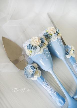 Весільні келихи блакитні / бокали голубі / весілля в блакитному кольорі4 фото