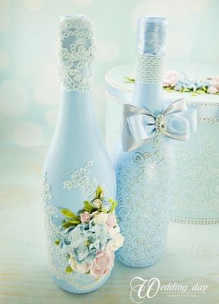 Свадебное шампанское пудровое и голубое / оформление шампанского2 фото