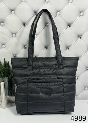 Жіноча стильна та якісна сумка шоппер зі стьобаної плащівки чорна1 фото
