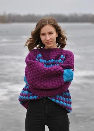 Женский свитер ручной вязки, джемпер оверсайз, свитер с рукавами буфами, свитер массивной вязки3 фото