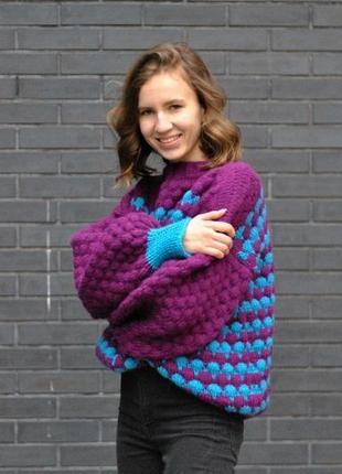 Женский свитер ручной вязки, джемпер оверсайз, свитер с рукавами буфами, свитер массивной вязки8 фото