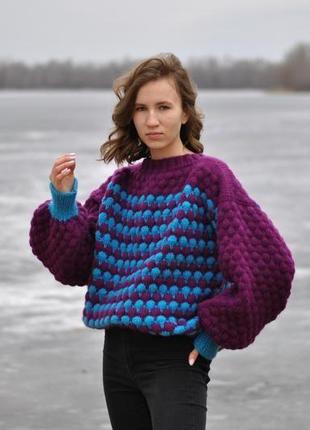 Женский свитер ручной вязки, джемпер оверсайз, свитер с рукавами буфами, свитер массивной вязки