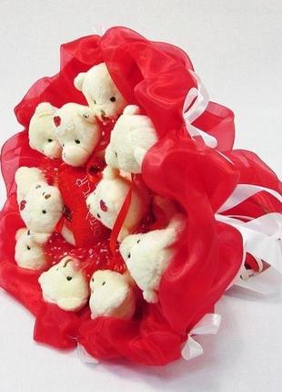 Букет з іграшок ведмедика 11 з сердечком в червоно-білому3 фото