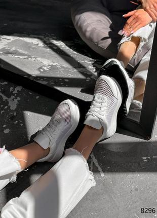 Белые натуральные кожаные кроссовки со с сквозной сеткой в сетку на толстой подошве кожа6 фото