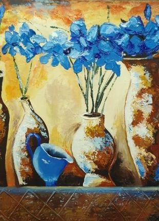 Картина маслом "васильки у глечиках"