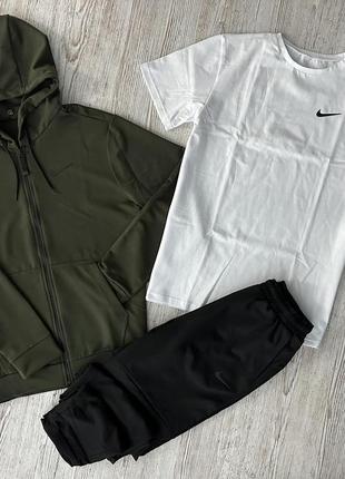 Демісезонний спортивний костюм в стилі nike кофта на змійці хакі + штани + футболка біла1 фото