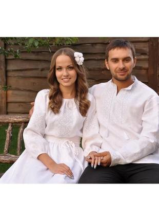 Свадебный комплект - мужская вышиванка и женское платье с вышивкой в технике "белым по белому"2 фото