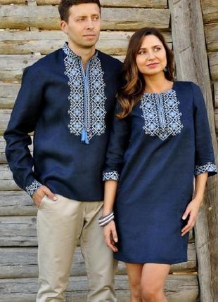 Лаконичный комплект - мужская рубашка с длинным рукавом и женское платье с выразительной вышивкой2 фото