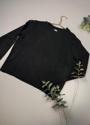Вязаный черный свитер меринос, базовый свитер на резинке3 фото
