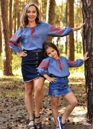Детская блуза для девочки из льняной ткани с вышивкой4 фото