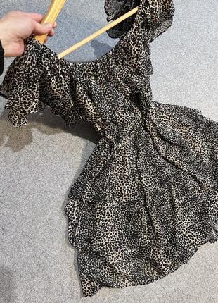 Slaytvins платье короткое с опущенными плечами рукавами на резинке летняя легкая юбка солнце леопардовый принт2 фото