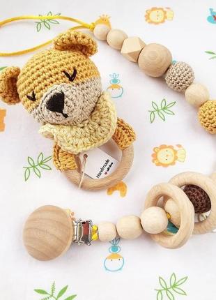 Набор для малыша мишка погремушка и держатель грызунок