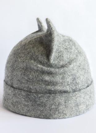 Женская/мужская валяная шапка кошка из шерсти серая меланжевая шапка с ушками5 фото