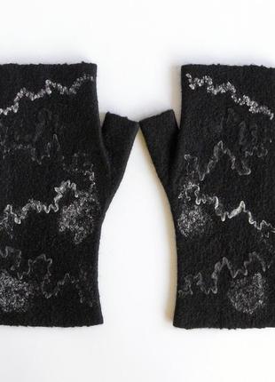 Черные валяные митенки перчатки без пальцев из шерсти мериноса2 фото