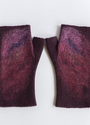 Женские бордовые митенки перчатки без пальцев валяные из шерсти4 фото