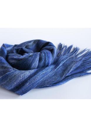 Синий валяный шарф из шерсти мериноса женский/мужской шерстяной шарф в полоску10 фото