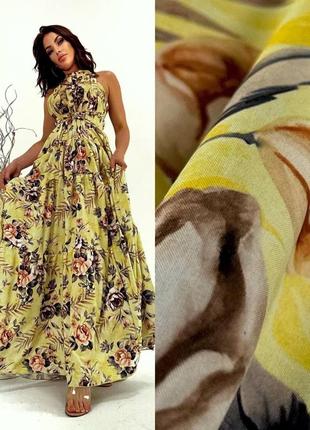 Сукня міді в пол максі з рюшками без рукавів з чокером з поясом плаття жовта з квітковим принтом весняна трендова стильна3 фото