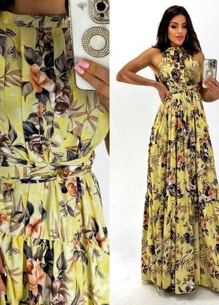 Платье миди в пол макси с рюшками без рукавов с чокером с поясом платье желтая с цветочным принтом весенняя трендовая стильная2 фото