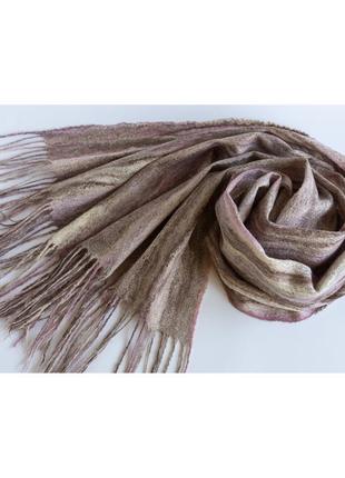 Коричневый шерстяной шарф в полоску валяный шарф из шерсти мериноса9 фото
