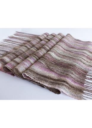Коричневий шерстяний шарф у смужку валяного шарф з вовни мериноса3 фото