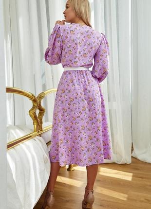 Плаття жіноче, міді, без пояса, весняне, літнє, з довгими рукавами, бузкове у квітковий принт6 фото