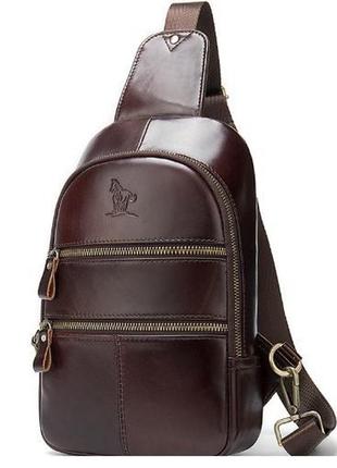Компактная мужская сумка через плечо кожаная бананка слинг коричневая дышащая спика