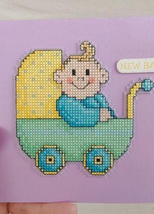 Листівка з вишивкою хрестиком " малюк у візочку" , new baby, це хлопчик, народження дитини