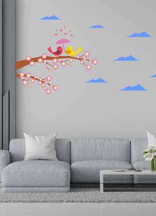 Вінілова інтер'єрна наклейка кольорова декор на стіну (шпалери, фарбу) "гілка дерева з птахами"1 фото