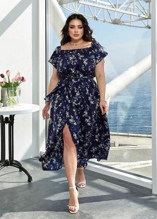 Сукня міді з квітковим принтом з відкритими плечима з розрізом плаття чорна синя з поясом оверсайз весняна трендова стильна