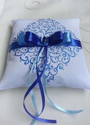 Весільна подушечка для обручок, blue розпис4 фото