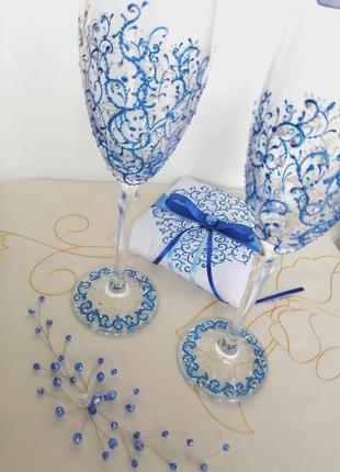 Весільна подушечка для обручок, blue розпис3 фото