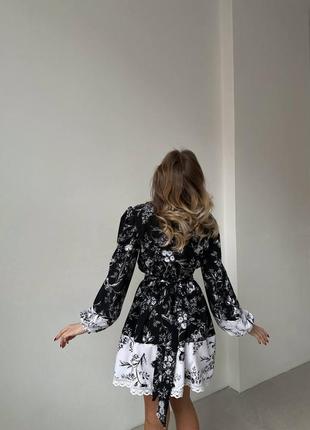 Самое очаровательное черно-белое платье мини с кружевом свободного кроя с пышной юбкой и объемными рукавами, с завязкой сзади, стильная трендовая качественная3 фото