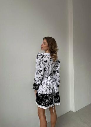 Самое очаровательное черно-белое платье мини с кружевом свободного кроя с пышной юбкой и объемными рукавами, с завязкой сзади, стильная трендовая качественная9 фото