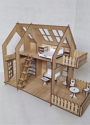 Ляльковий будиночок у стилі лофт з терасою і балконом. великий ляльковий будиночок з меблями.