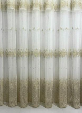 Тюль фатин patterns бежевий із золотом туреччина2 фото