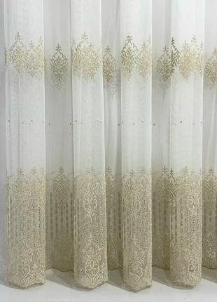 Тюль фатин patterns бежевий із золотом туреччина3 фото