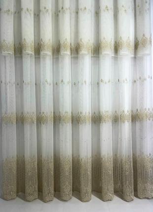 Тюль фатин patterns бежевий із золотом туреччина7 фото