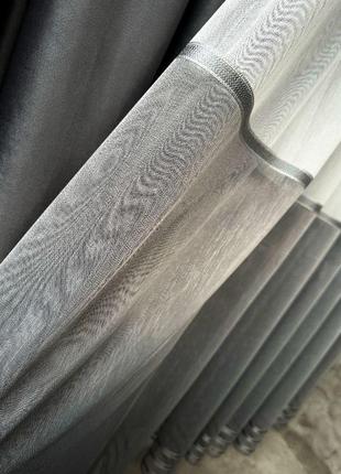 Тюль льон зі смужками lyany білий із сірим туреччина5 фото