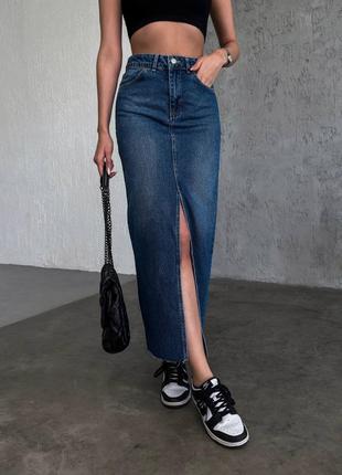 Длинная джинсовая юбка с разрезом производства туречина4 фото