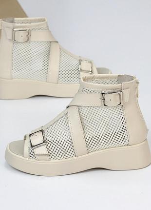 Натуральные кожаные свет - бежевые летние ботинки - босоножки в сетку3 фото