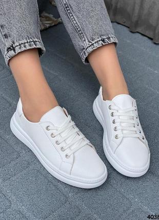 Кожаные кеды белые женские / подростковые на шнуровке